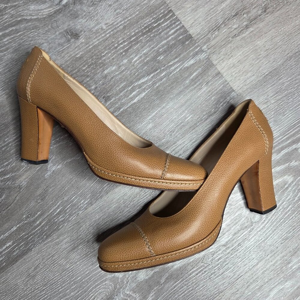 Vintage 90s - Women's Chanel Brown Caviar Leather Platform Pumps CC Logo 37.5 EU